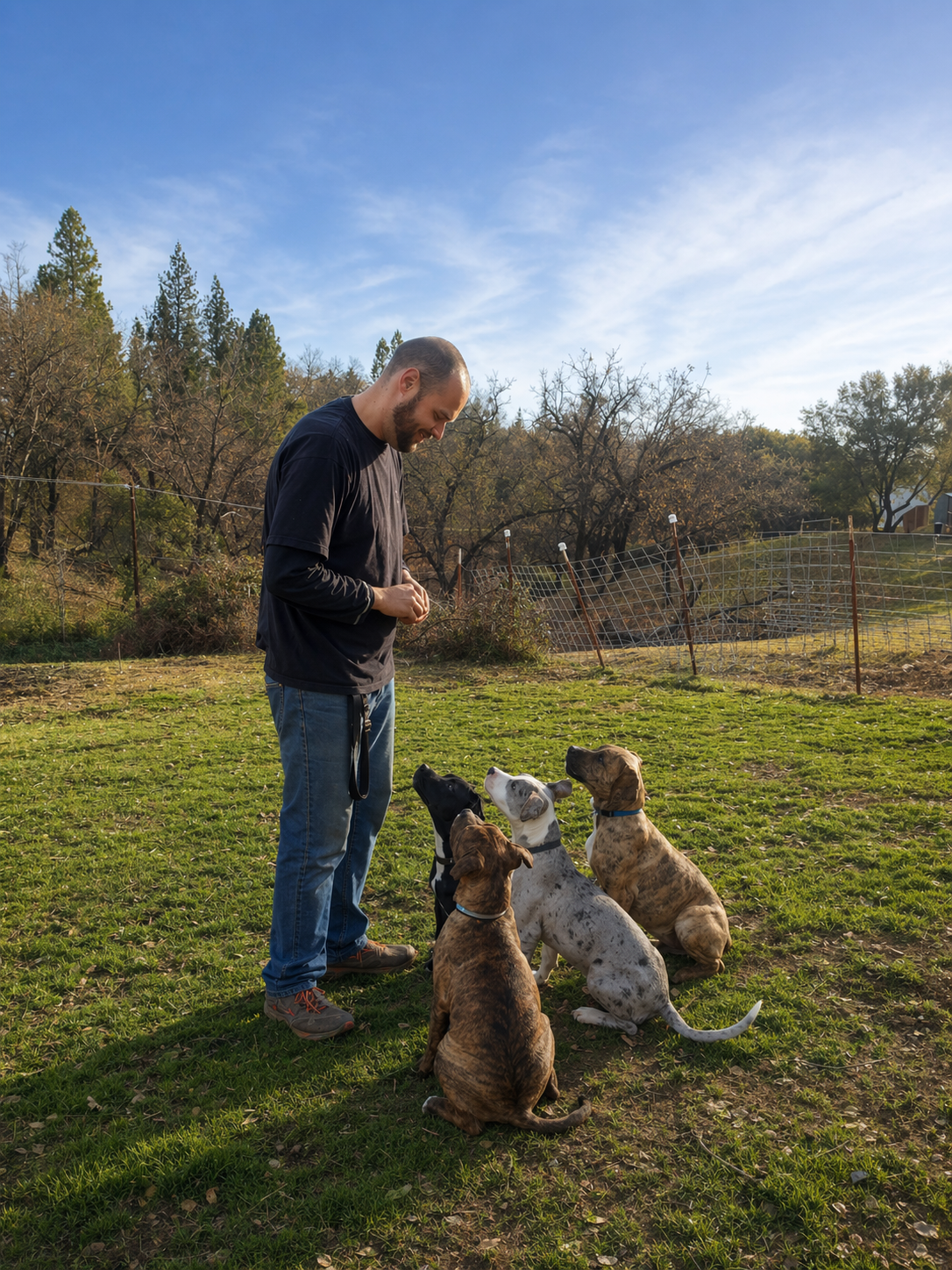 Erik training rescue dogs outdoors at Heartsong to help prepare them for placement into homes