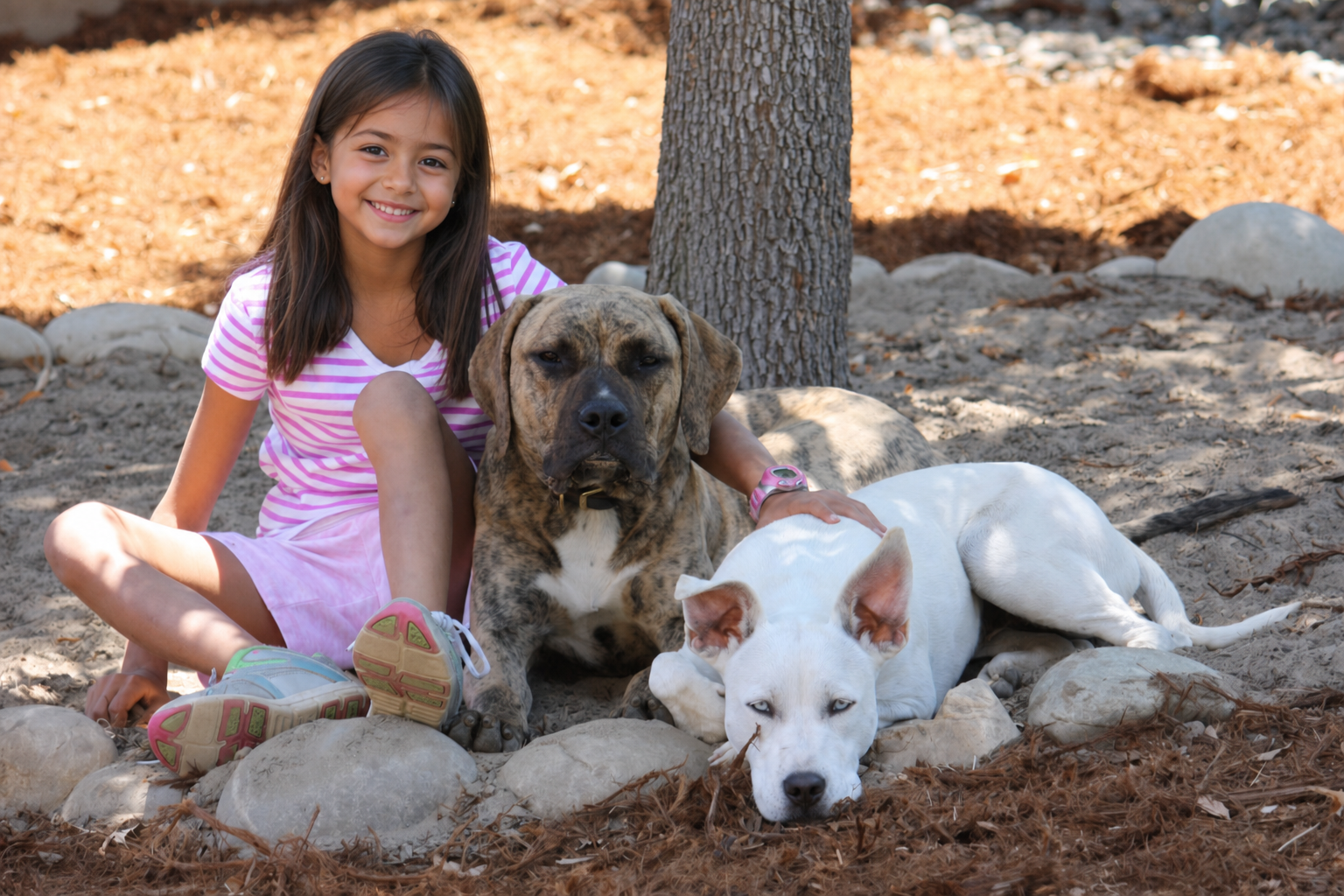 A child relaxing outdoors with two family dogs